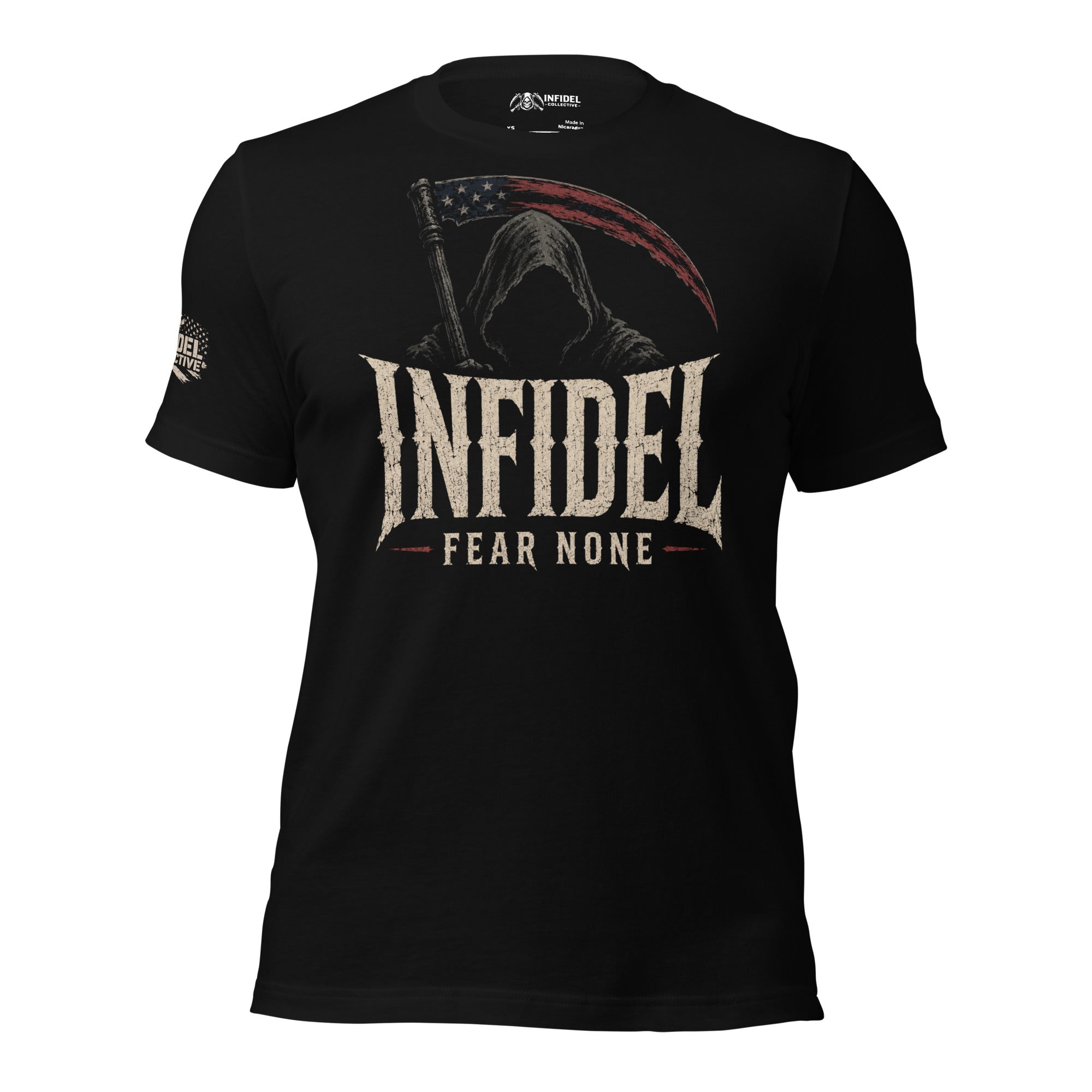 Infidel Fear None hooded reaper graphic black tee from Infidel Collective