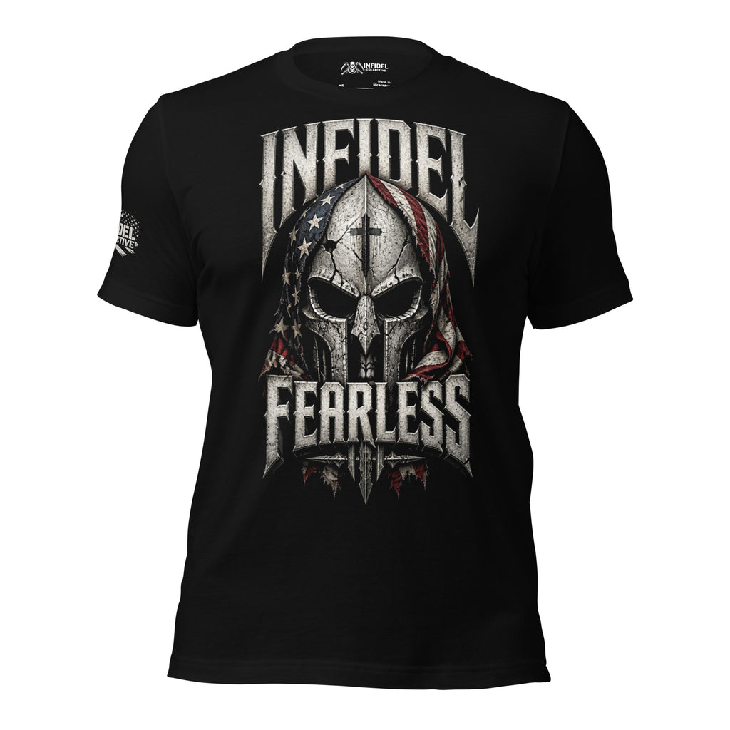 Black Infidel Fearless tee with crusader helmet graphic wrapped in an American flag front print