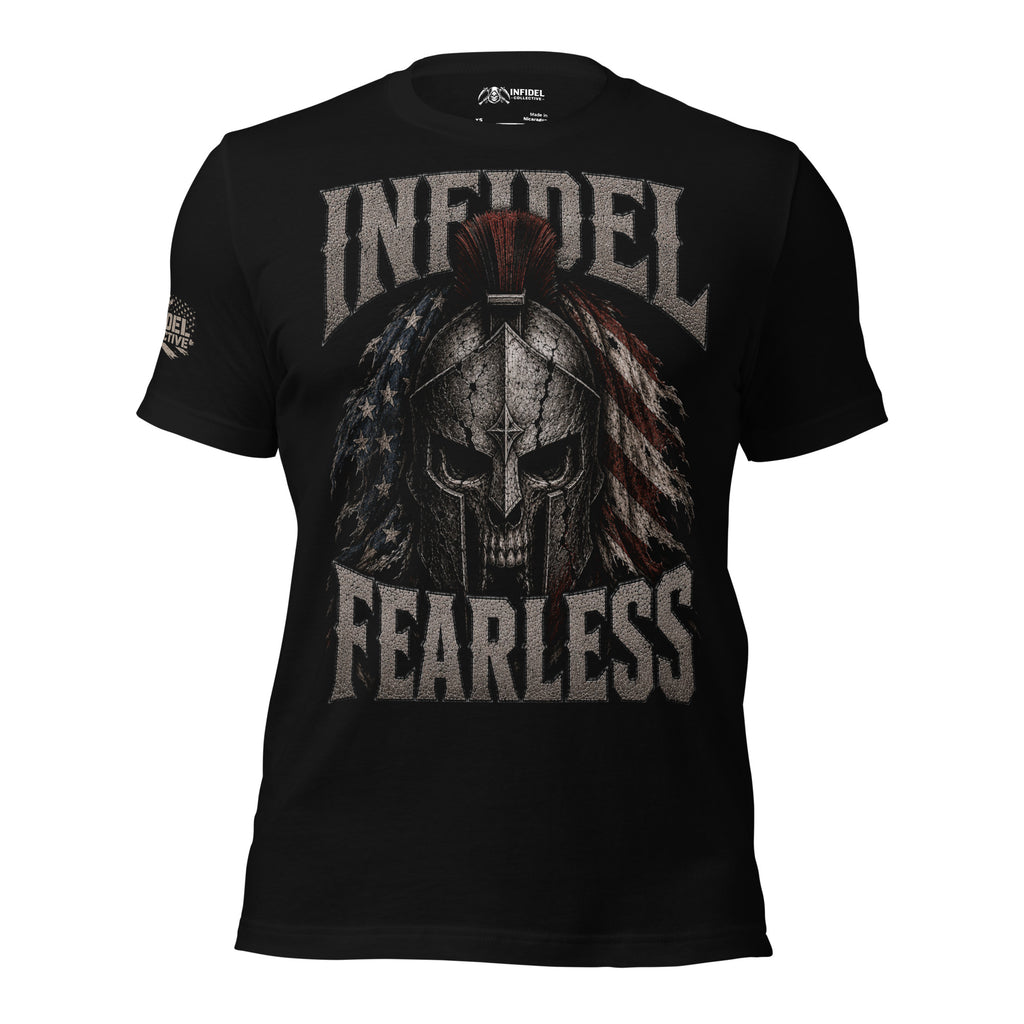 Black Infidel Fearless tee with Spartan helmet and American flag front graphic