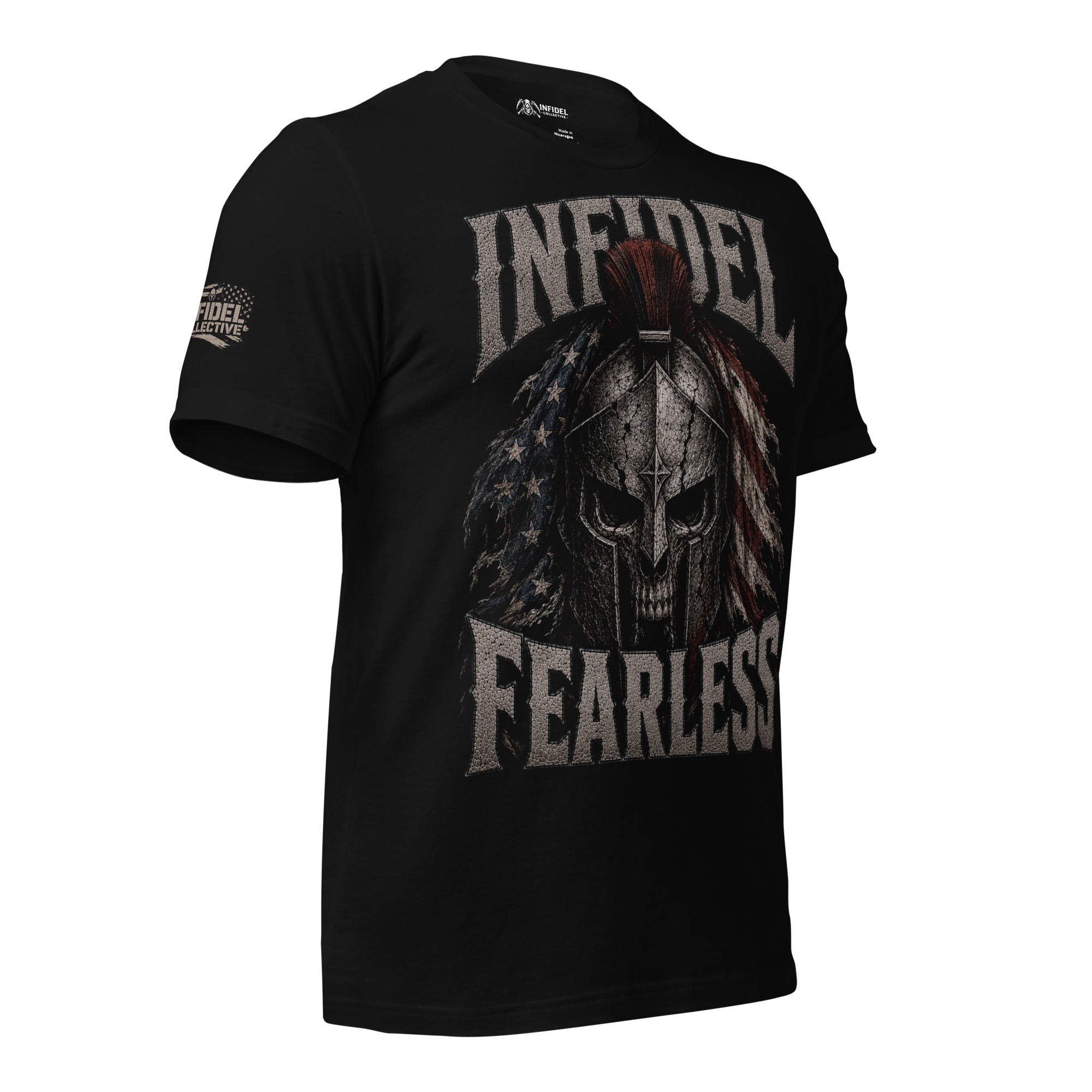 Black Infidel Fearless tee with Spartan helmet and American flag front graphic