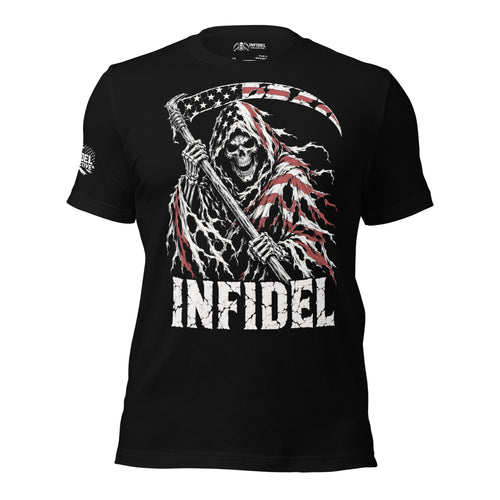 Front view of black tee featuring Infidel reaper in torn American flag cloak with scythe