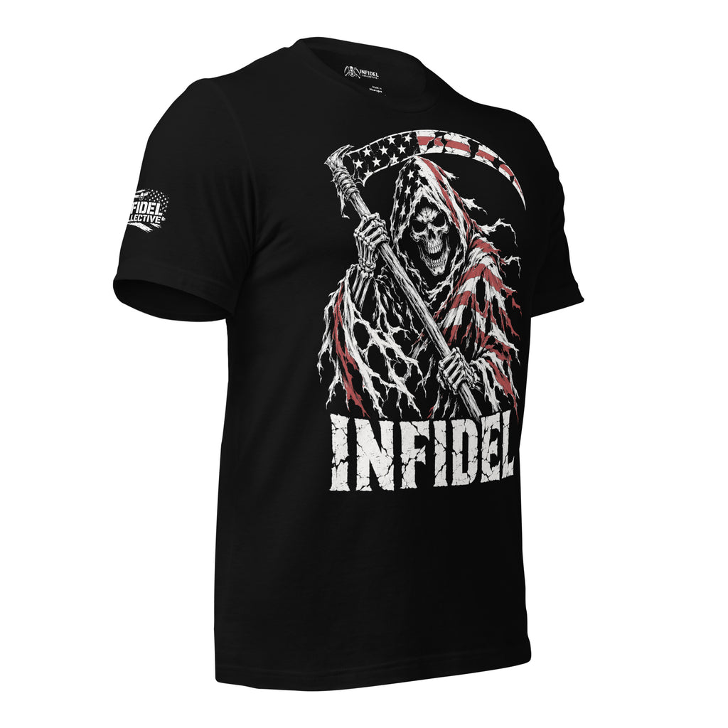 Infidel Flag Reaper graphic black tee from Infidel Collective