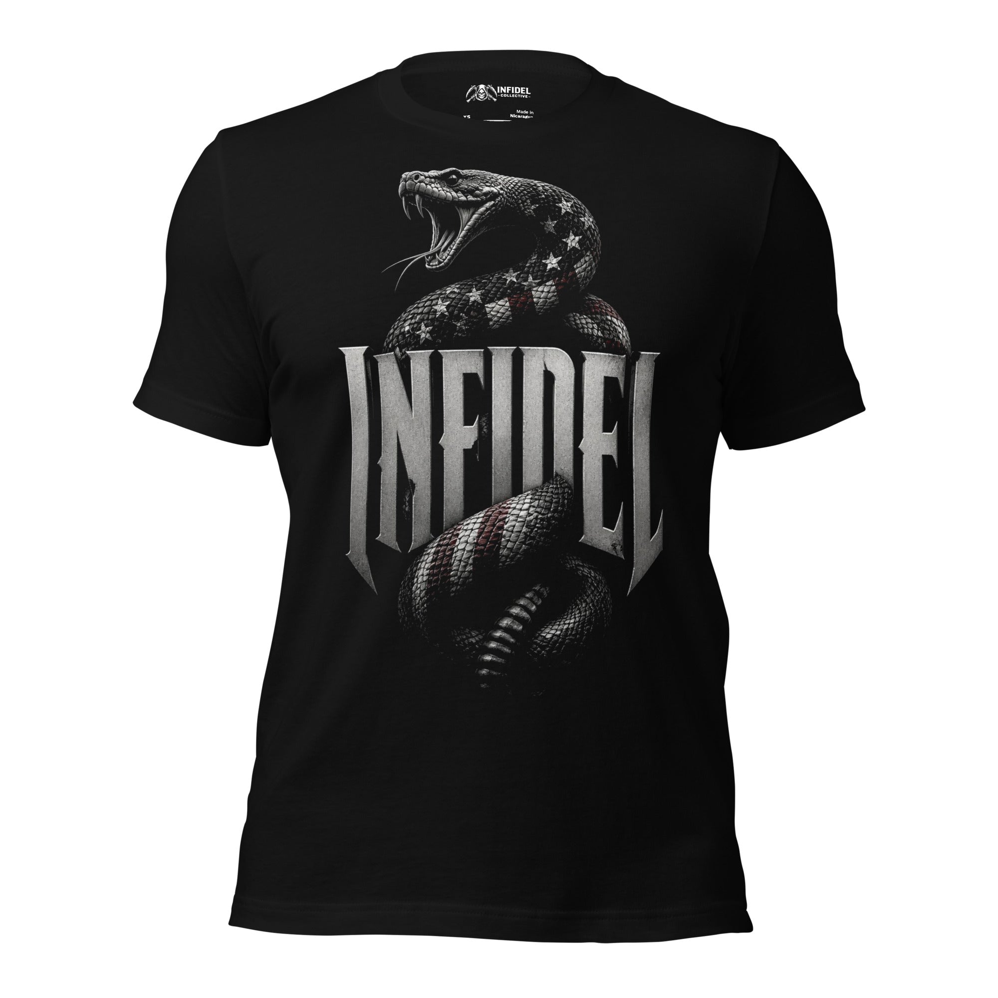 Infidel Flag Serpent graphic black tee from Infidel Collective