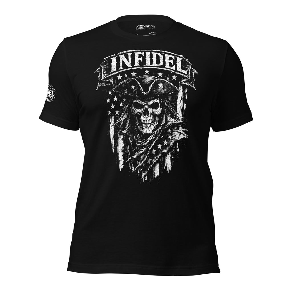 Infidel Flag Skull graphic black tee from Infidel Collective