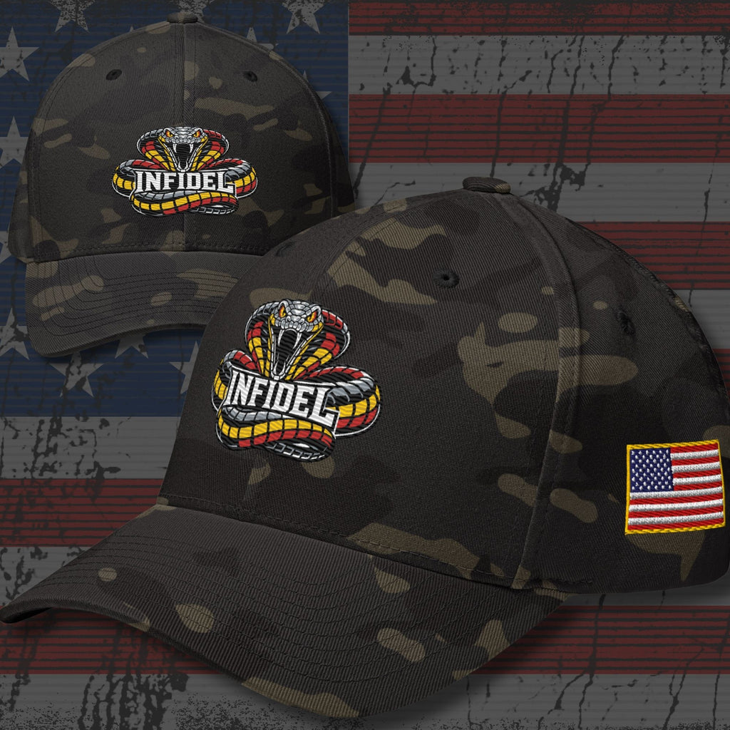 Infidel Cobra Yellow embroidered hat with American flag side patch from Infidel Collective