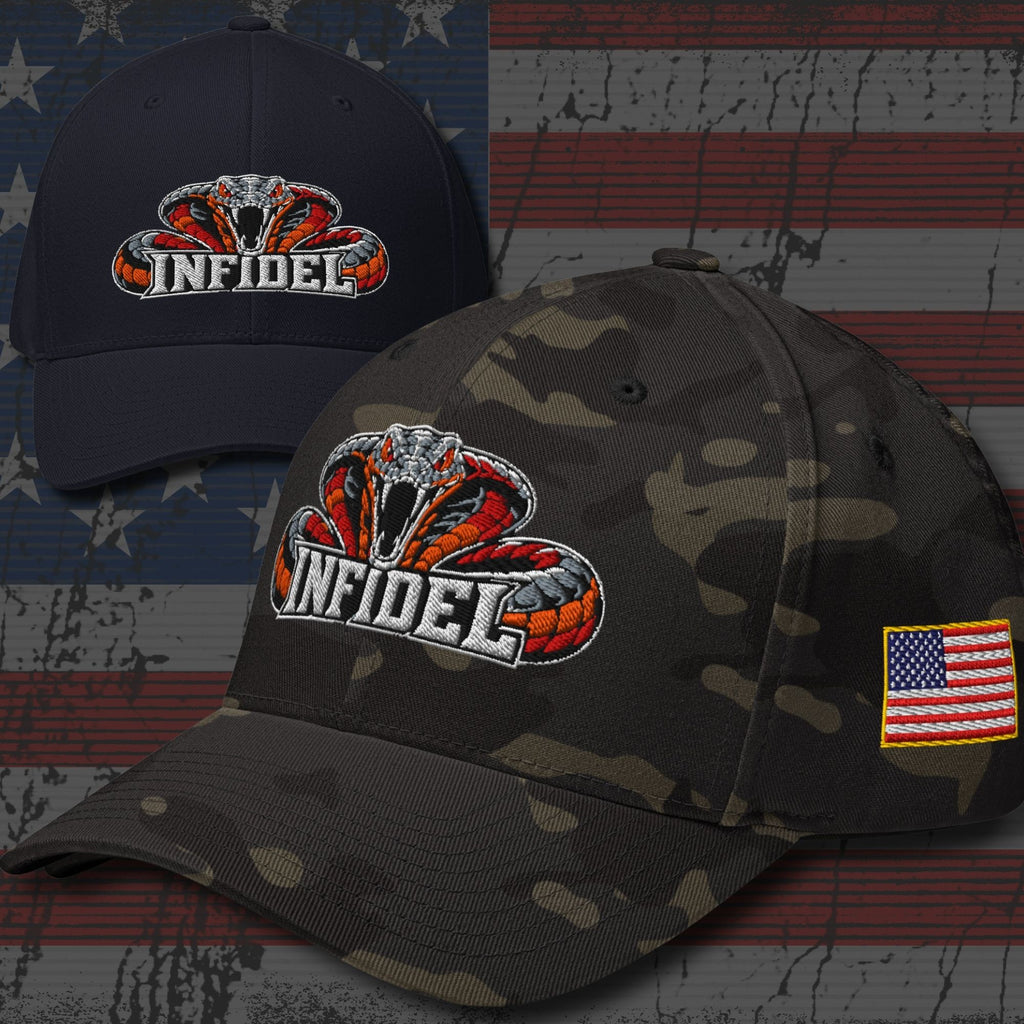 Infidel Cobra embroidered hat with American flag side patch from Infidel Collective available in 11 colorways.