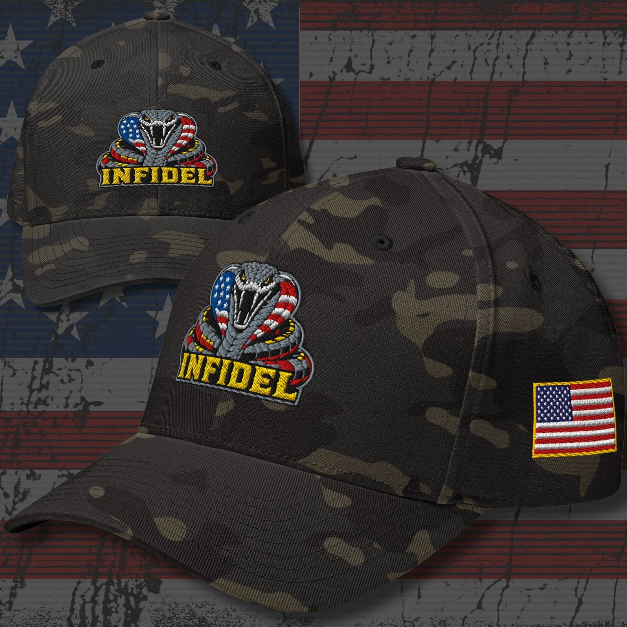 Infidel Cobra Flag embroidered hat with American flag side patch from Infidel Collective