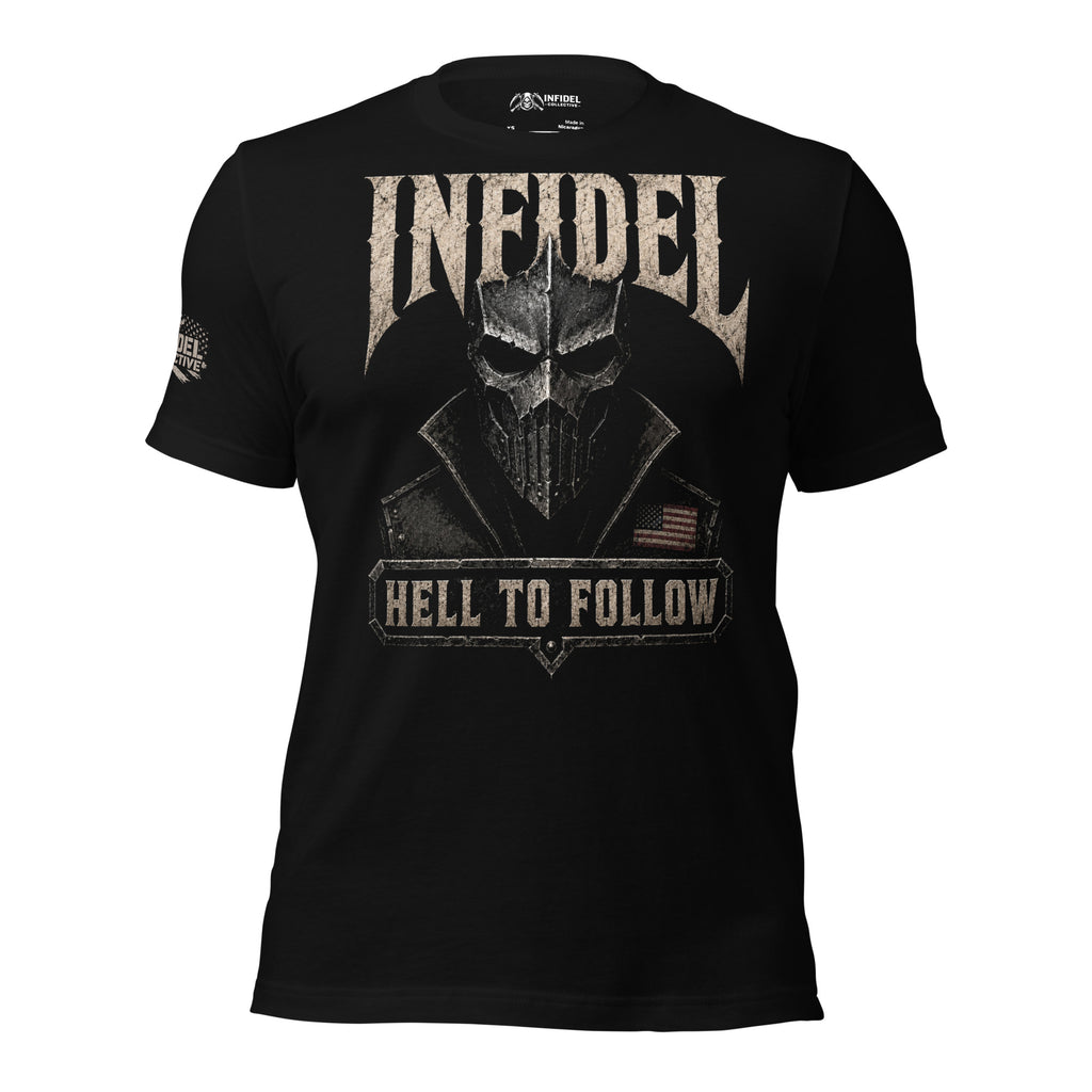 Infidel Hell to Follow death mask front print black tee from Infidel Collective