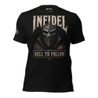 Infidel Hell to Follow death mask front print black tee from Infidel Collective