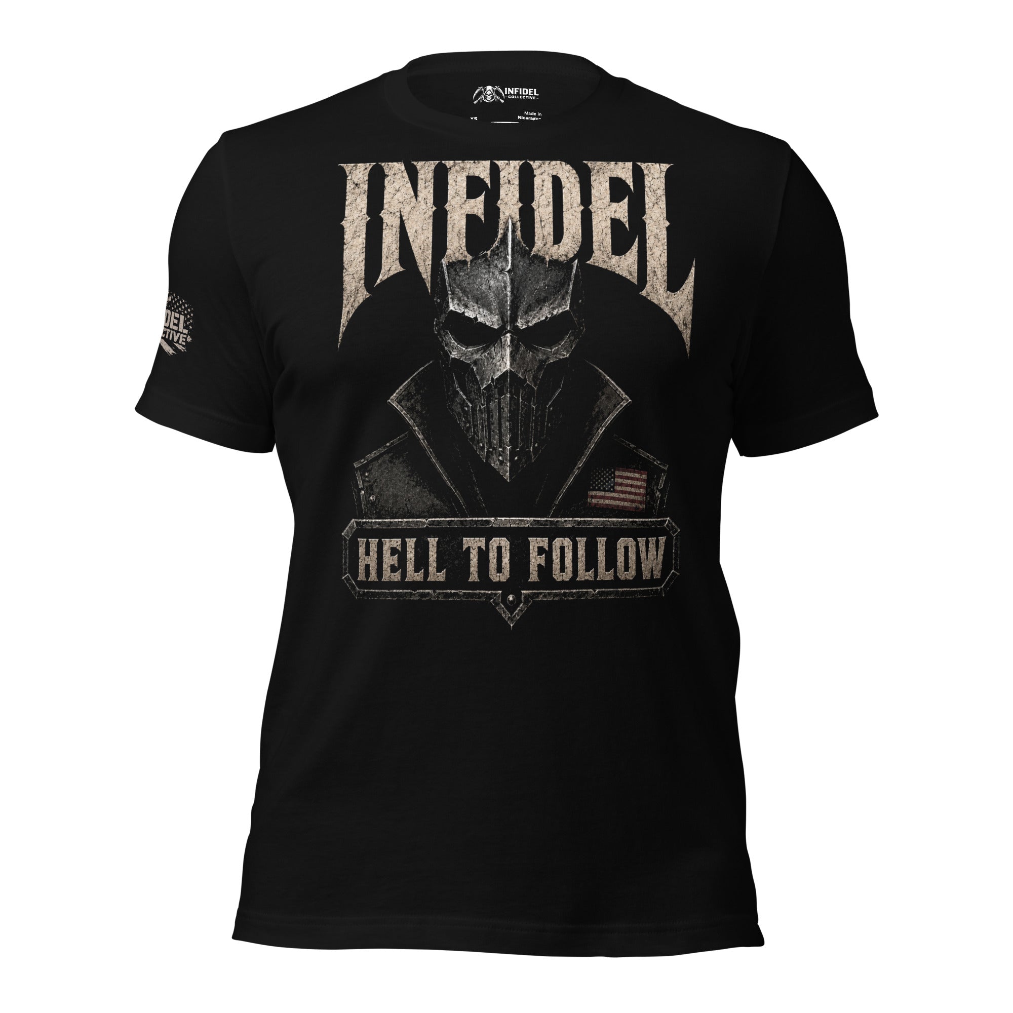 Infidel Hell to Follow death mask front print black tee from Infidel Collective