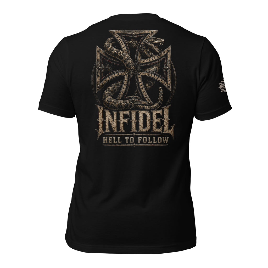 Infidel Hell to Follow hollow iron cross serpent back print black tee from Infidel Collective