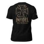 Infidel Hell to Follow hollow iron cross serpent back print black tee from Infidel Collective