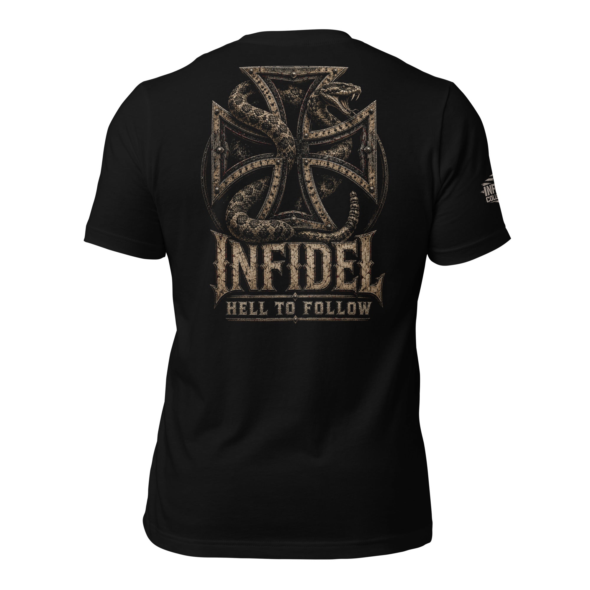 Infidel Hell to Follow hollow iron cross serpent back print black tee from Infidel Collective