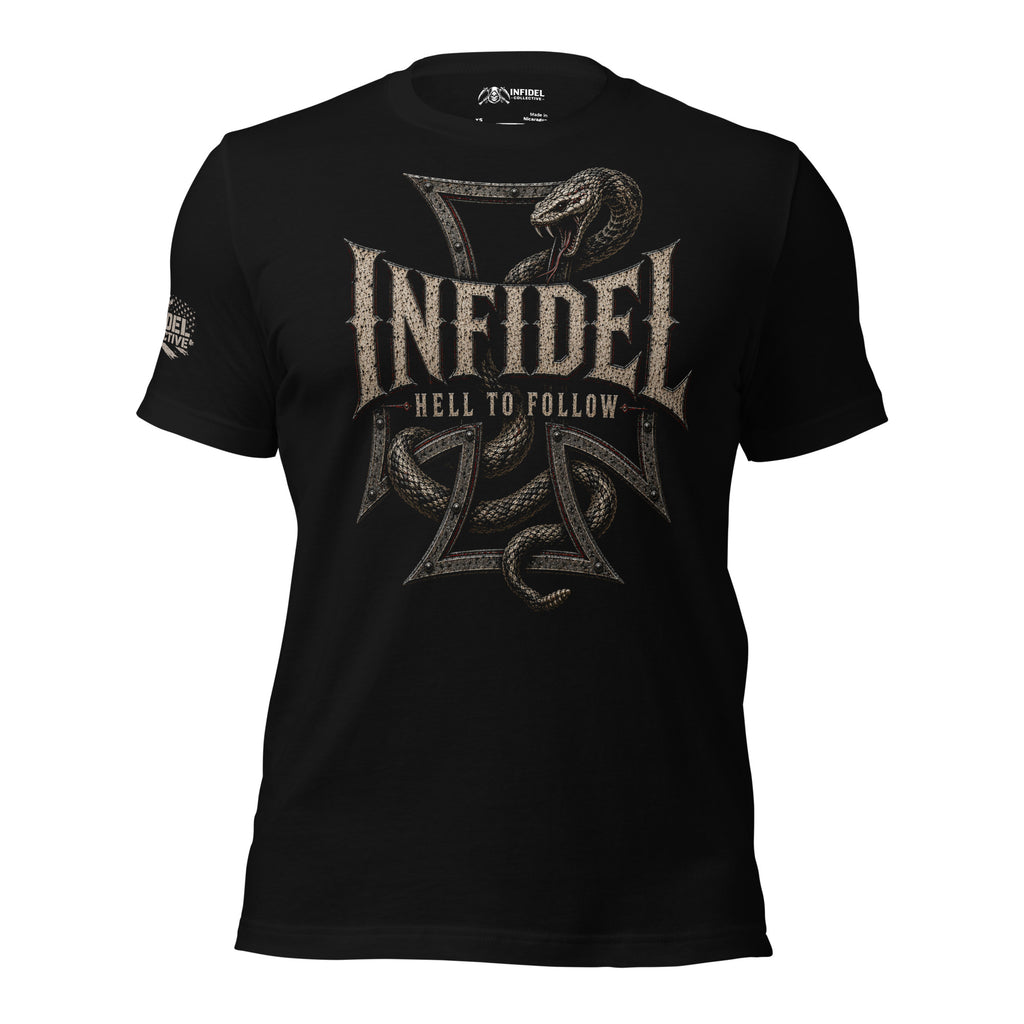 Infidel Hell to Follow iron cross rattlesnake front print black tee from Infidel Collective