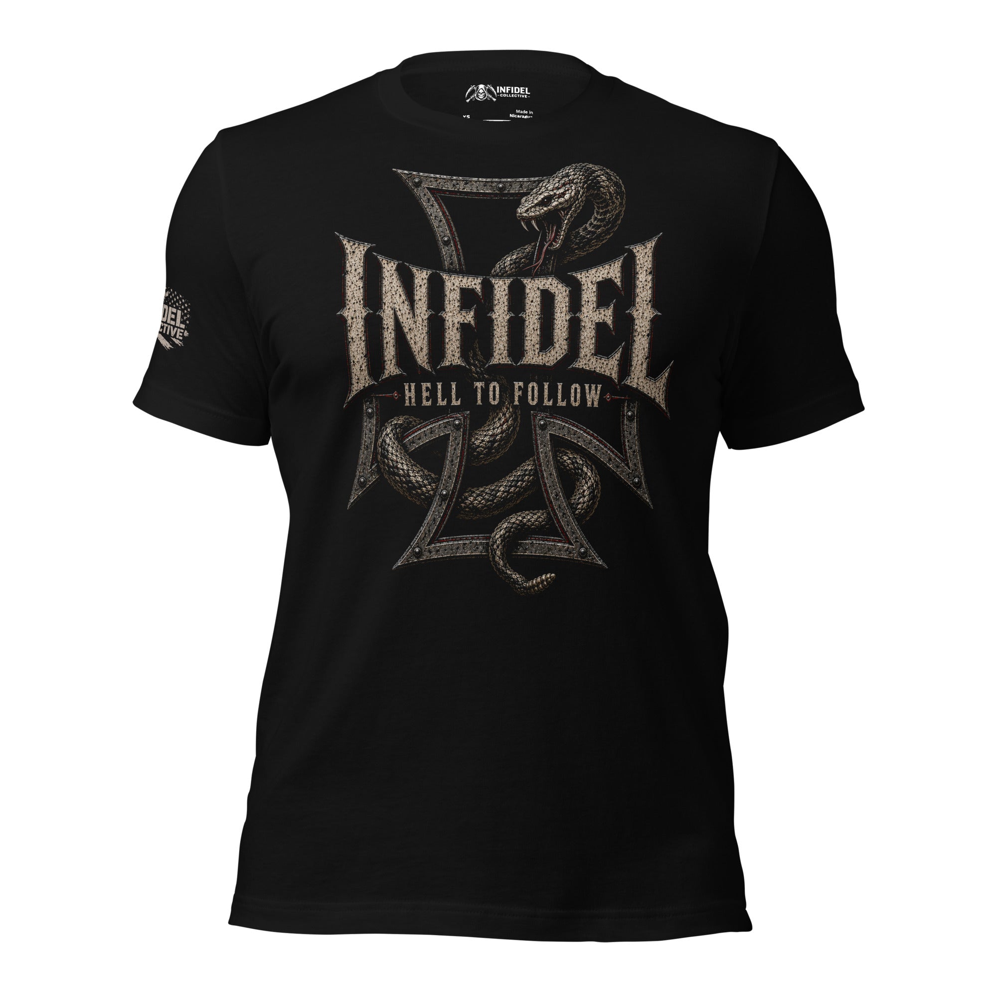 Infidel Hell to Follow iron cross rattlesnake front print black tee from Infidel Collective