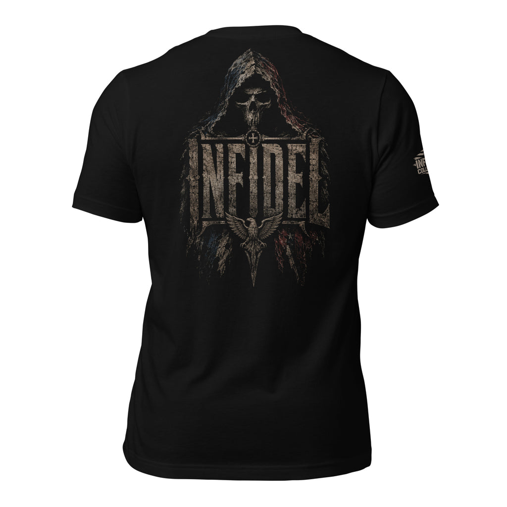 Infidel hooded reaper eagle back print black tee from Infidel Collective