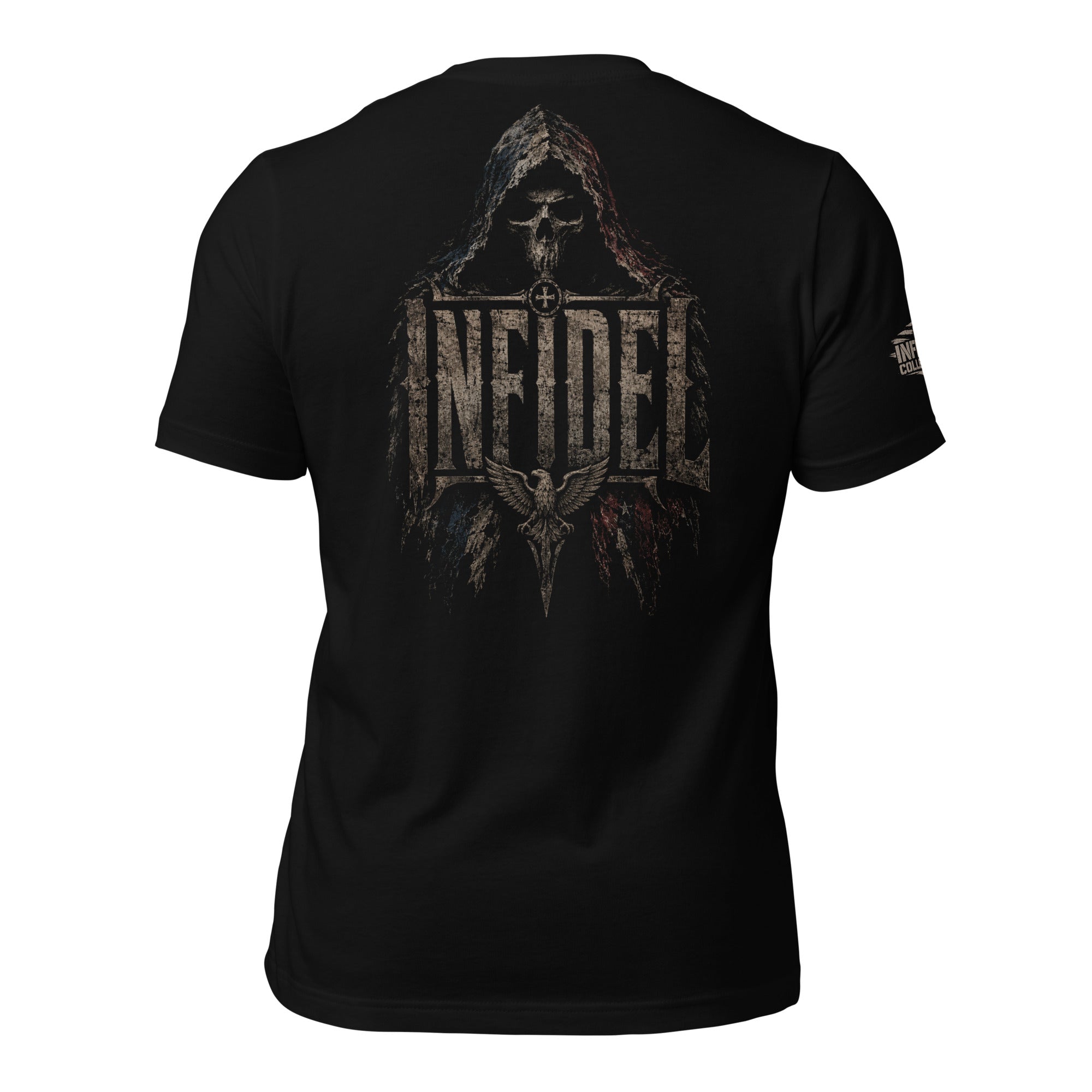Infidel hooded reaper eagle back print black tee from Infidel Collective