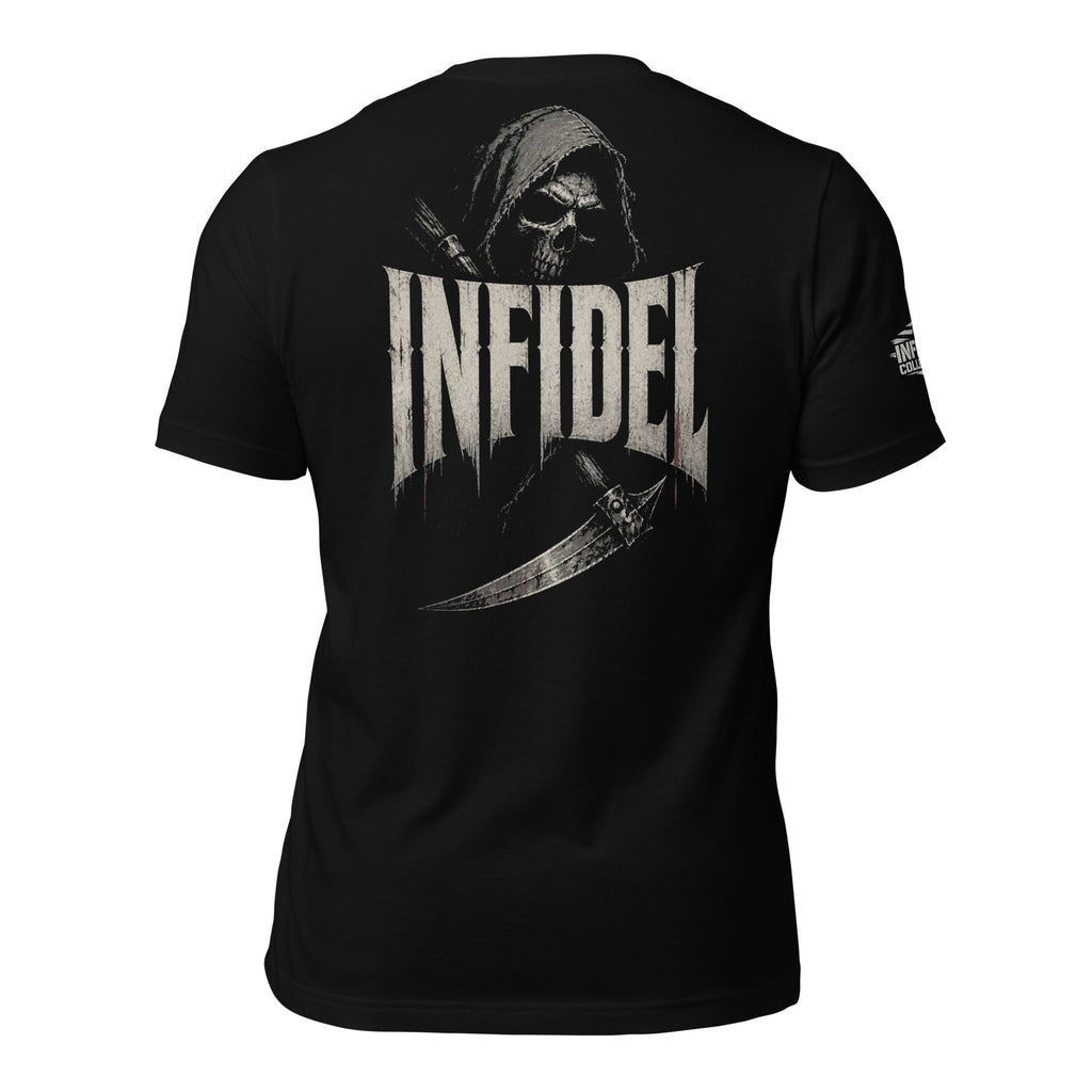 Infidel hooded reaper scythe back print black tee from Infidel Collective