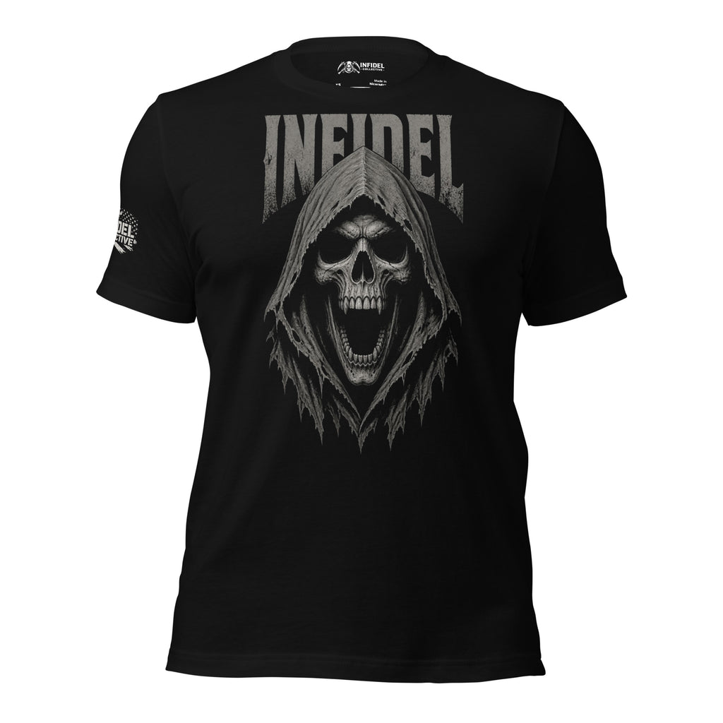 Infidel hooded skull front print black tee from Infidel Collective