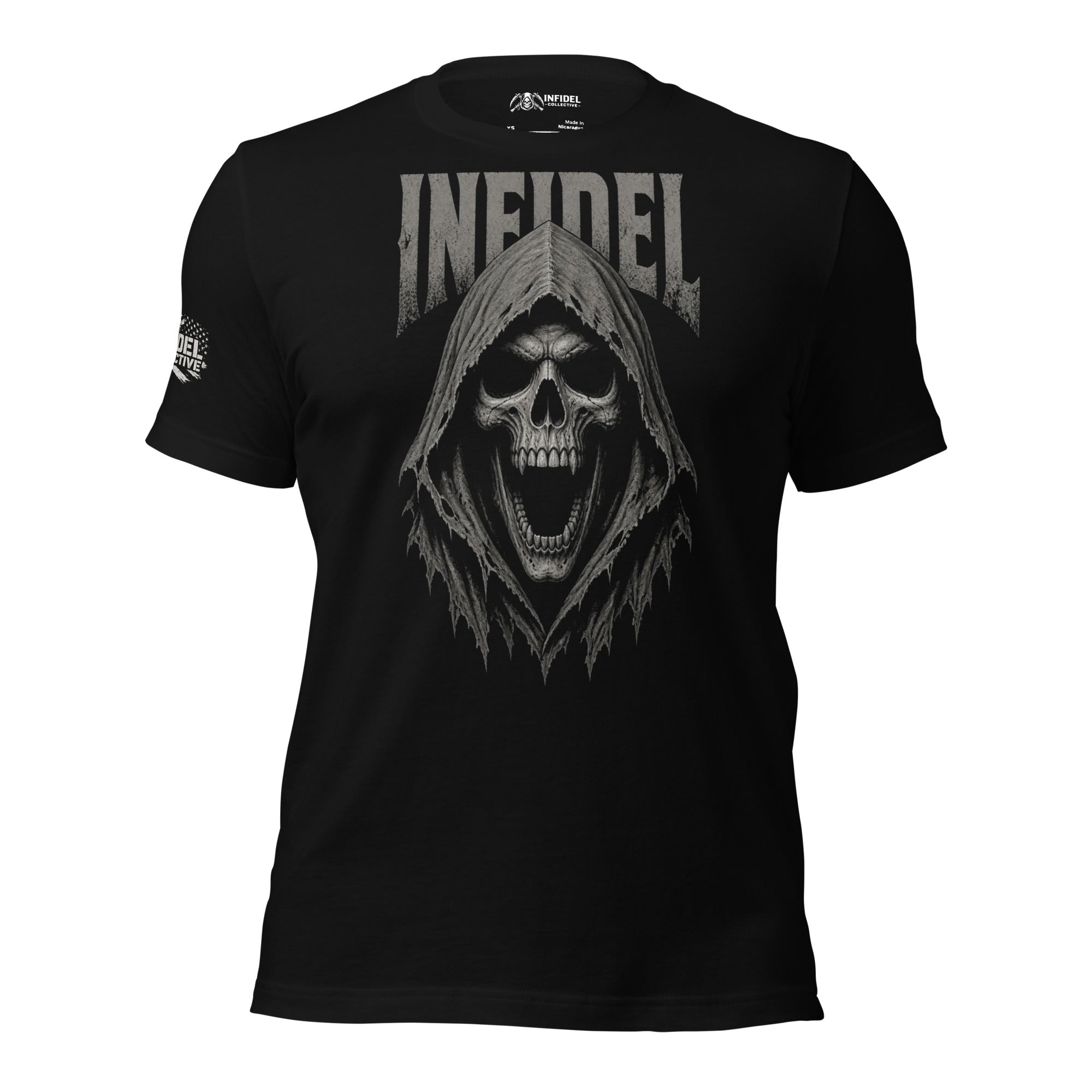 Infidel hooded skull front print black tee from Infidel Collective