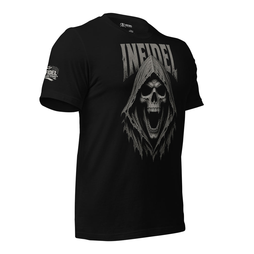 Infidel hooded skull front print black tee from Infidel Collective
