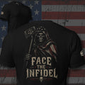 hooded reaper in an American flag cloak holding a war hammer with Face the Infidel text back print black tee from Infidel Collective
