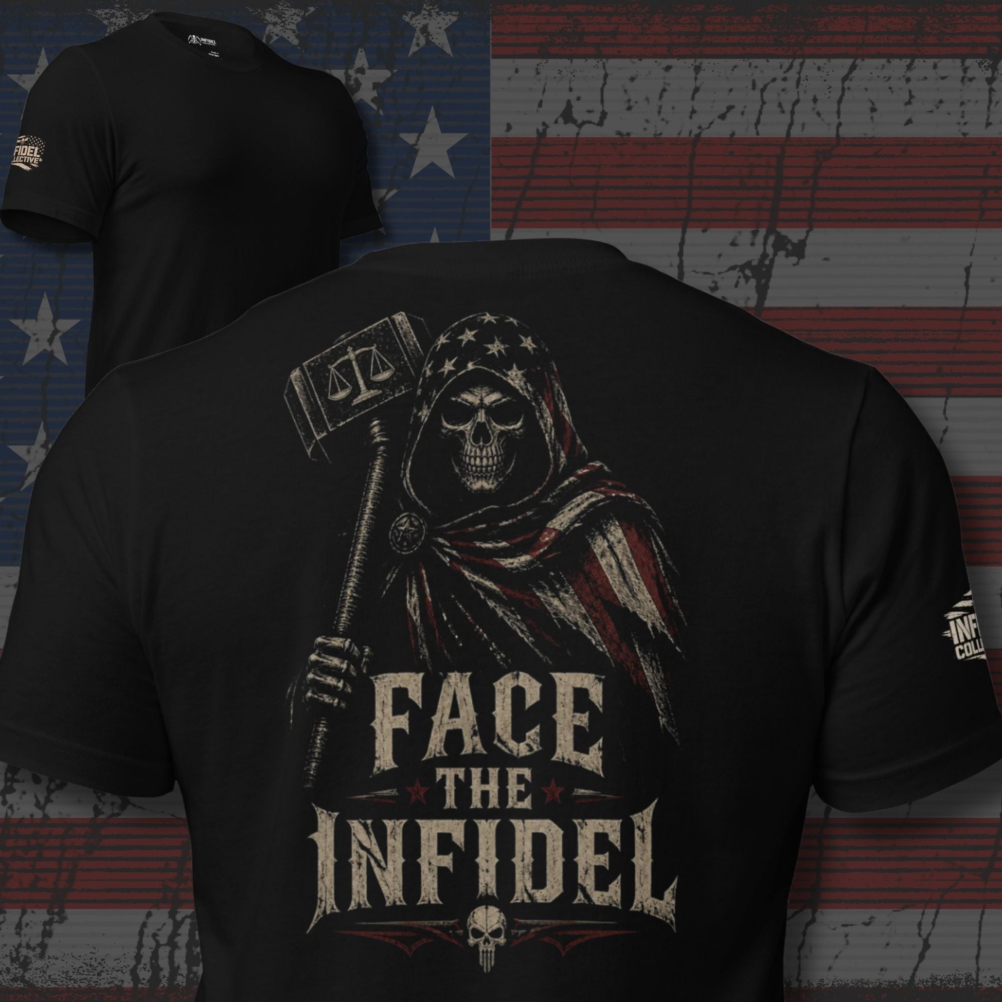 Infidel Justice Reaper back print black tee from Infidel Collective
