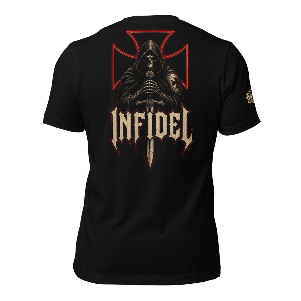 Infidel Knight Cross back print black tee from Infidel Collective
