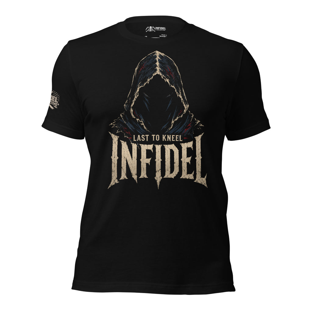 Black Infidel Collective tee with front print featuring shadowed hooded figure, INFIDEL text, and Last to Kneel graphic