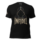 Black Infidel Collective tee with front print featuring shadowed hooded figure, INFIDEL text, and Last to Kneel graphic