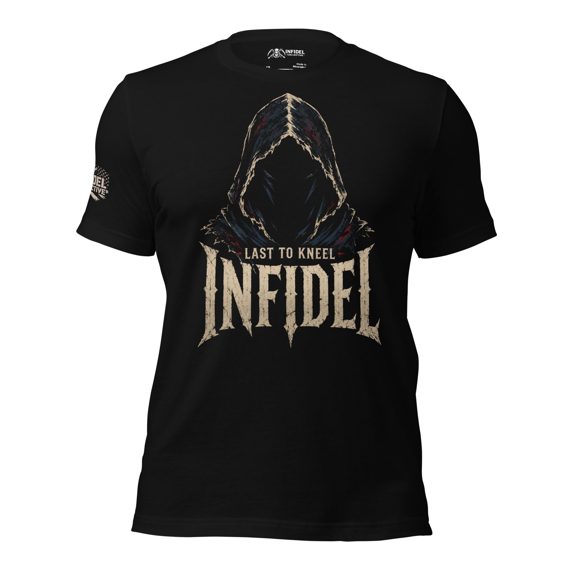 Black Infidel Collective tee with front print featuring shadowed hooded figure, INFIDEL text, and Last to Kneel graphic