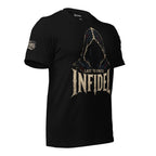 Black Infidel Collective tee with front print featuring shadowed hooded figure, INFIDEL text, and Last to Kneel graphic