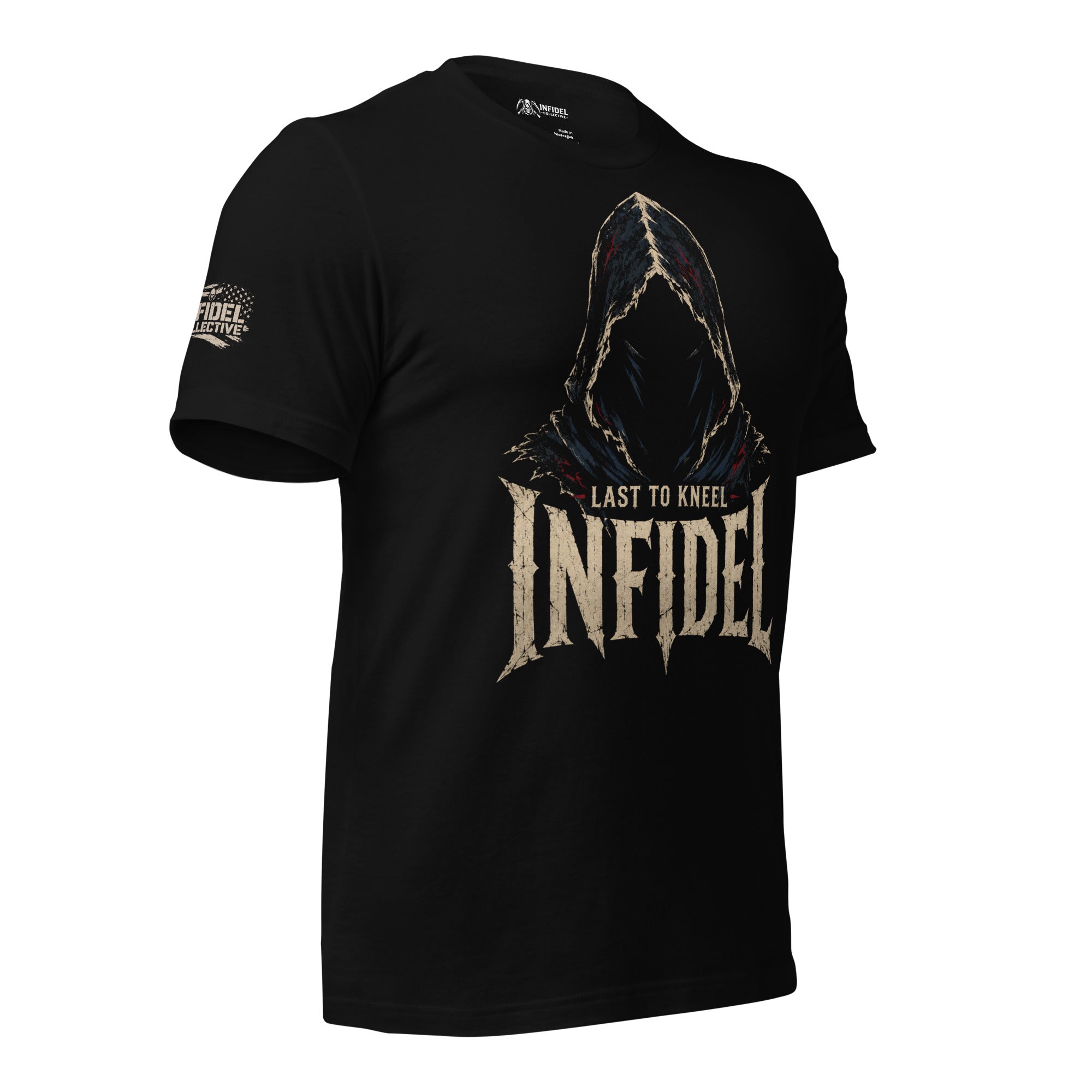 Black Infidel Collective tee with front print featuring shadowed hooded figure, INFIDEL text, and Last to Kneel graphic