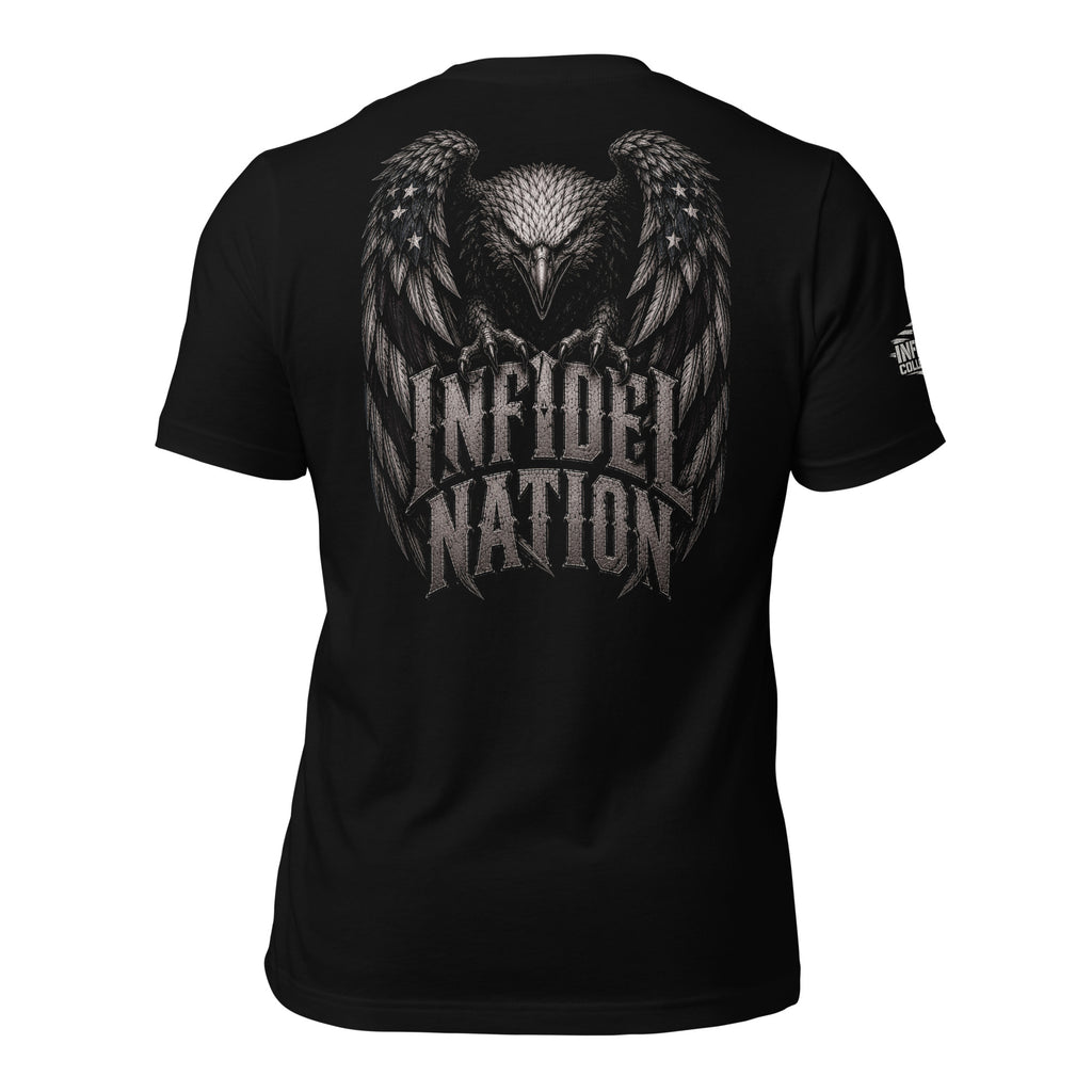 Black tee with Infidel Nation eagle graphic back print and blank front from Infidel Collective