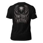 Black tee with Infidel Nation eagle graphic back print and blank front from Infidel Collective