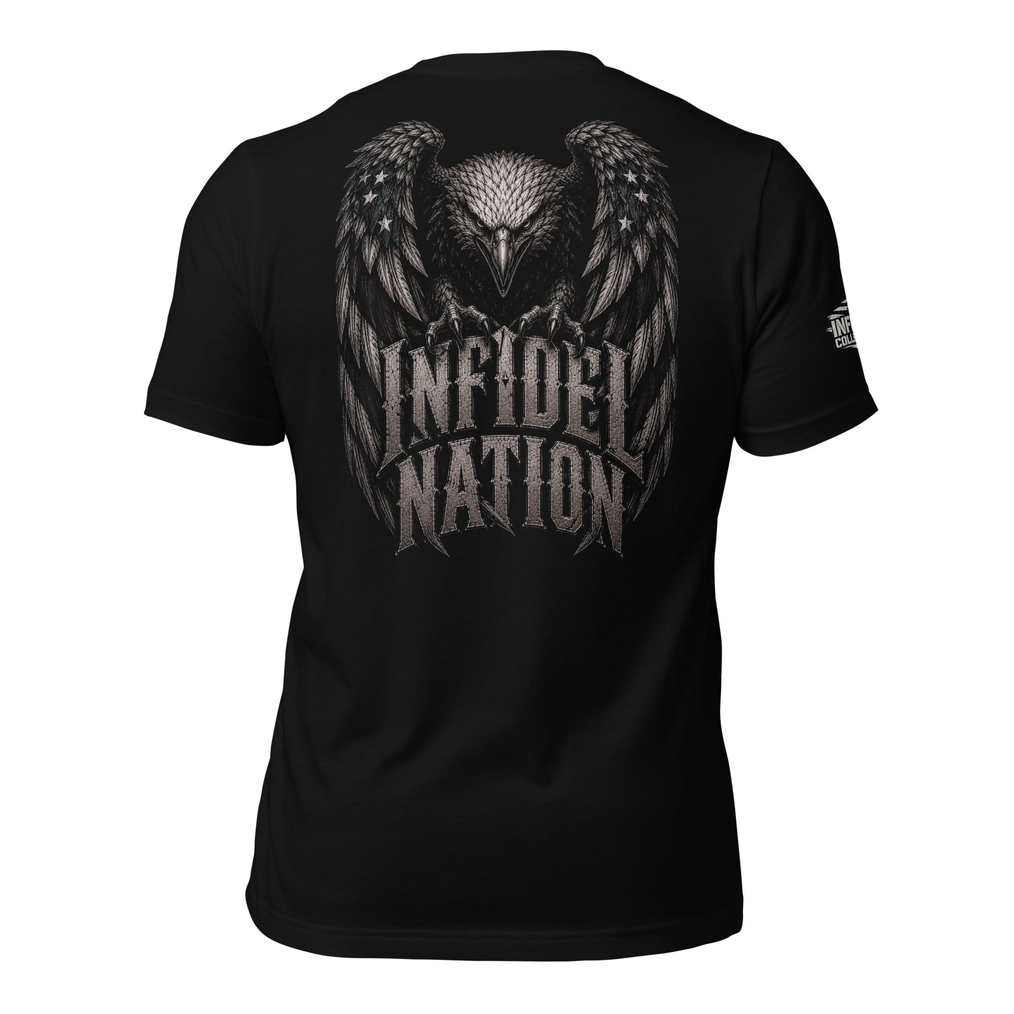 Black tee with Infidel Nation eagle graphic back print and blank front from Infidel Collective