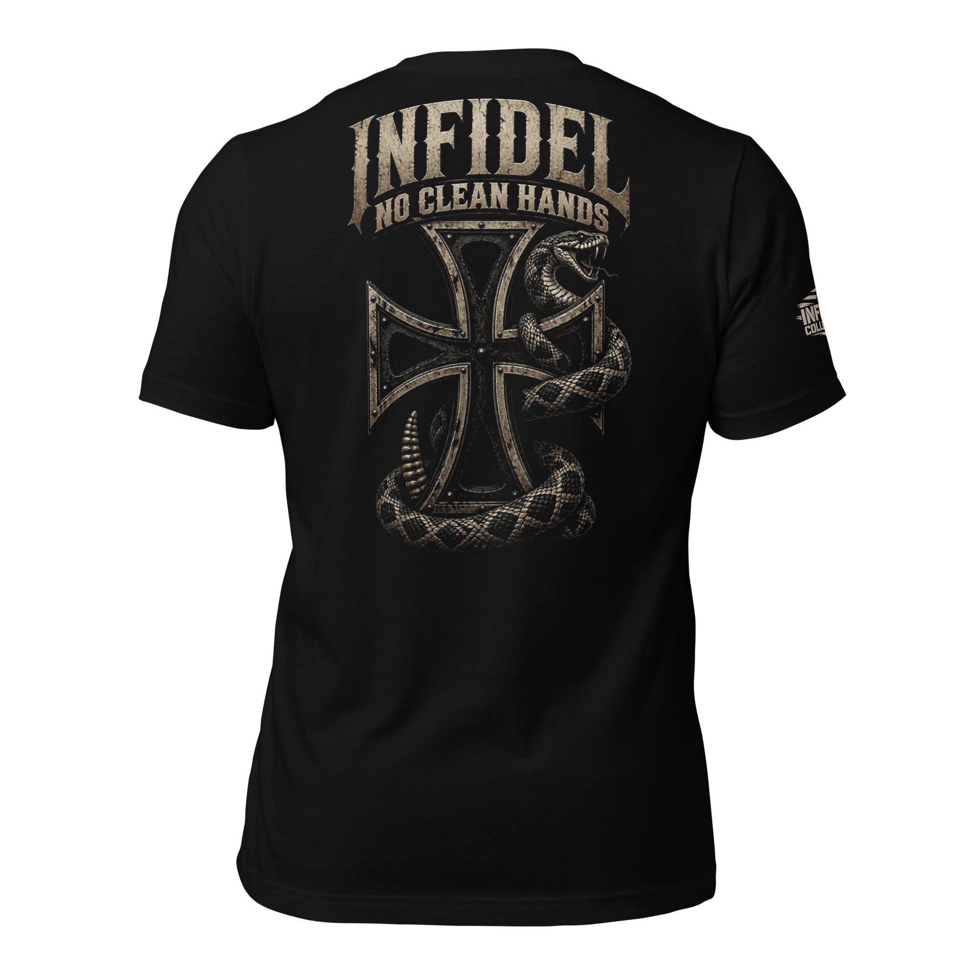 Infidel No Clean Hands iron cross serpent back print black tee from Infidel Collective