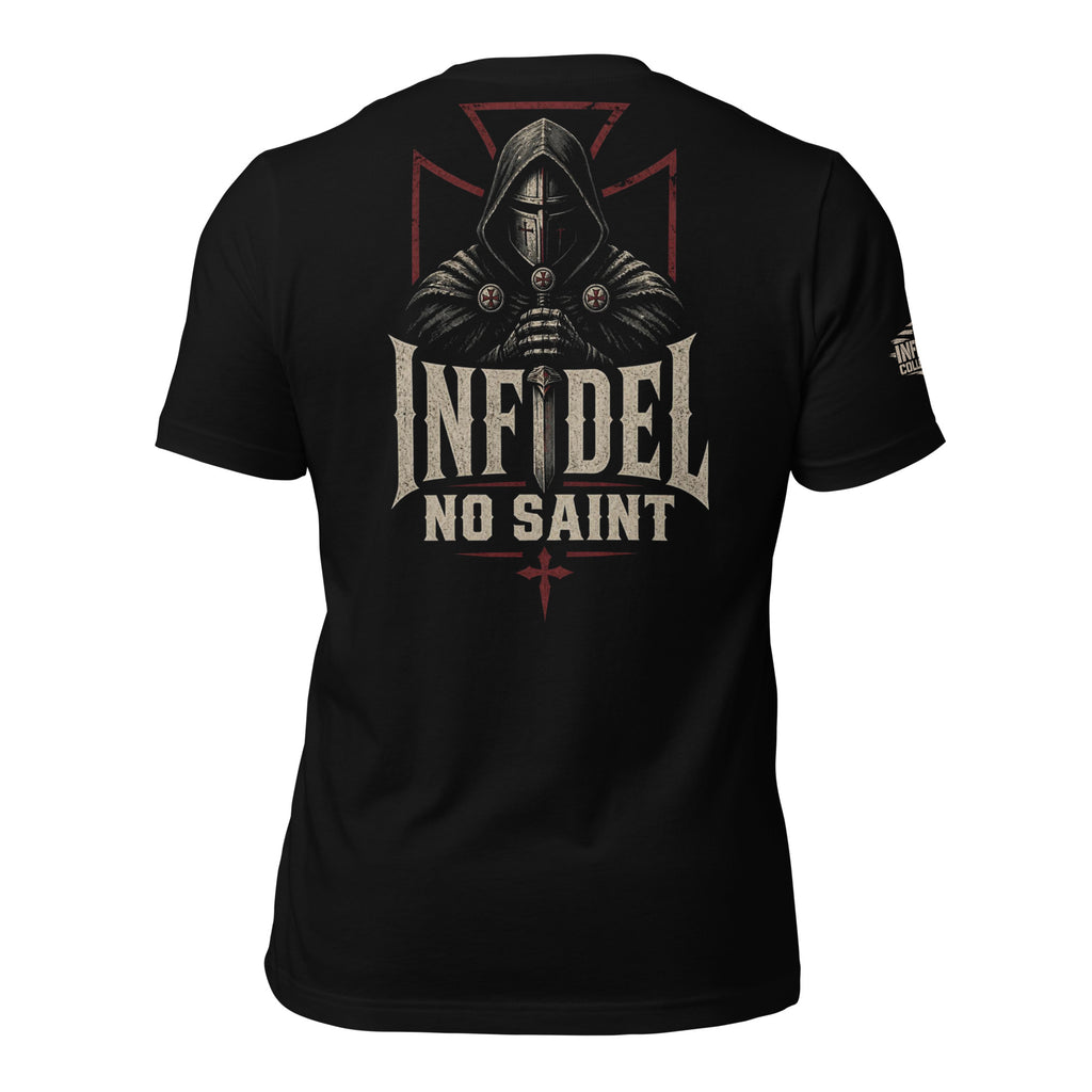 Infidel No Saint hooded knight back print black tee from Infidel Collective