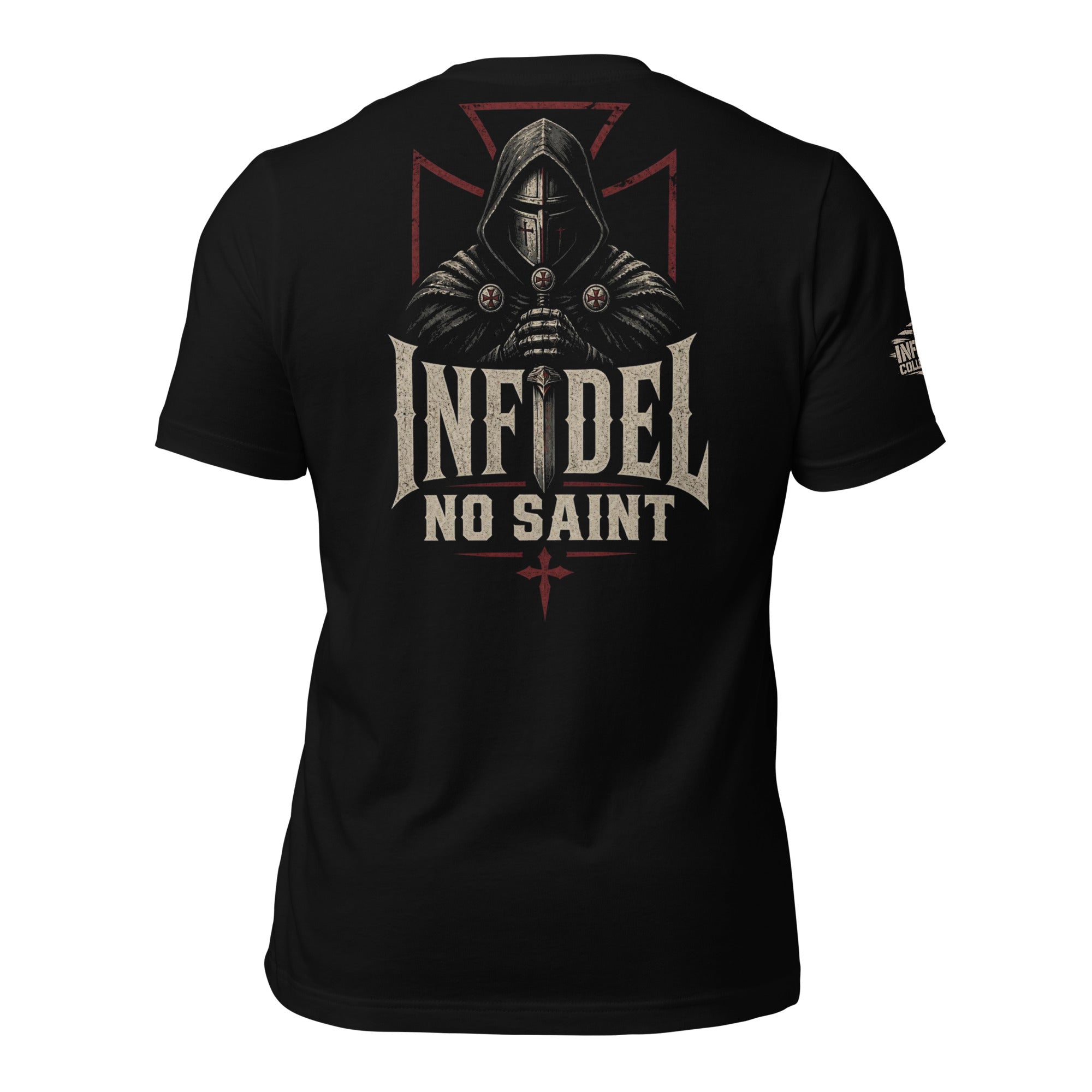Infidel No Saint hooded knight back print black tee from Infidel Collective