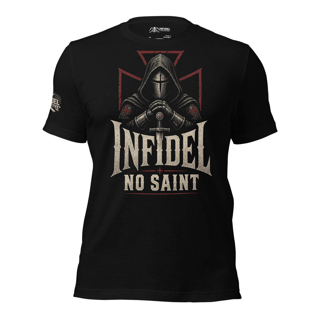 Infidel No Saint hooded knight front print black tee from Infidel Collective