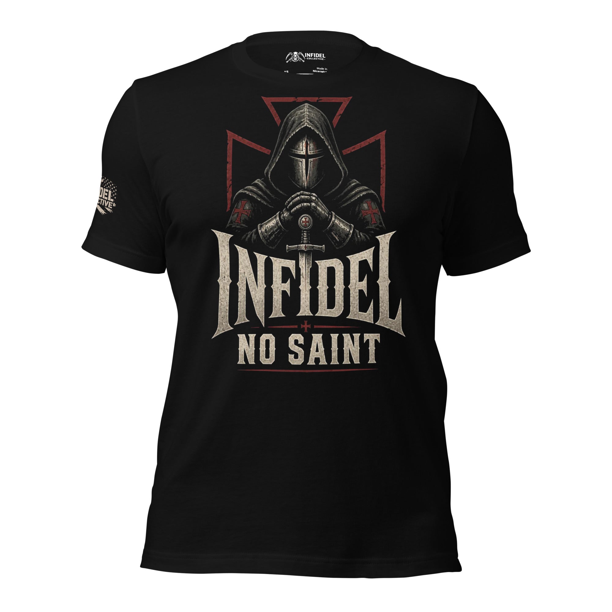 Infidel No Saint hooded knight front print black tee from Infidel Collective