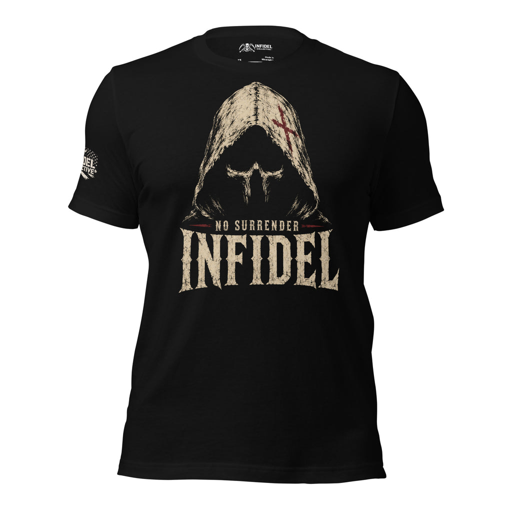 Infidel No Surrender hooded death mask front print black tee from Infidel Collective