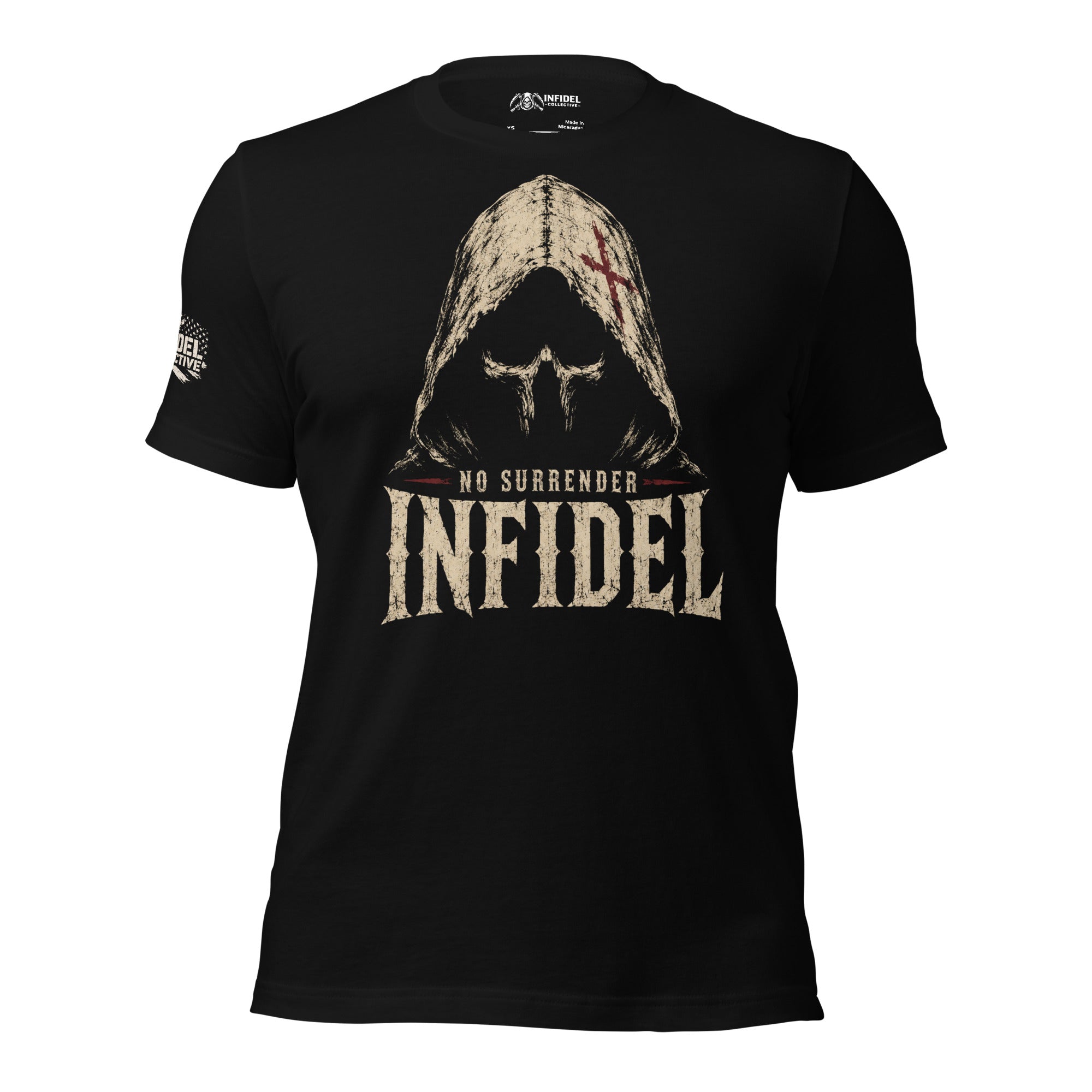 Infidel No Surrender hooded death mask front print black tee from Infidel Collective