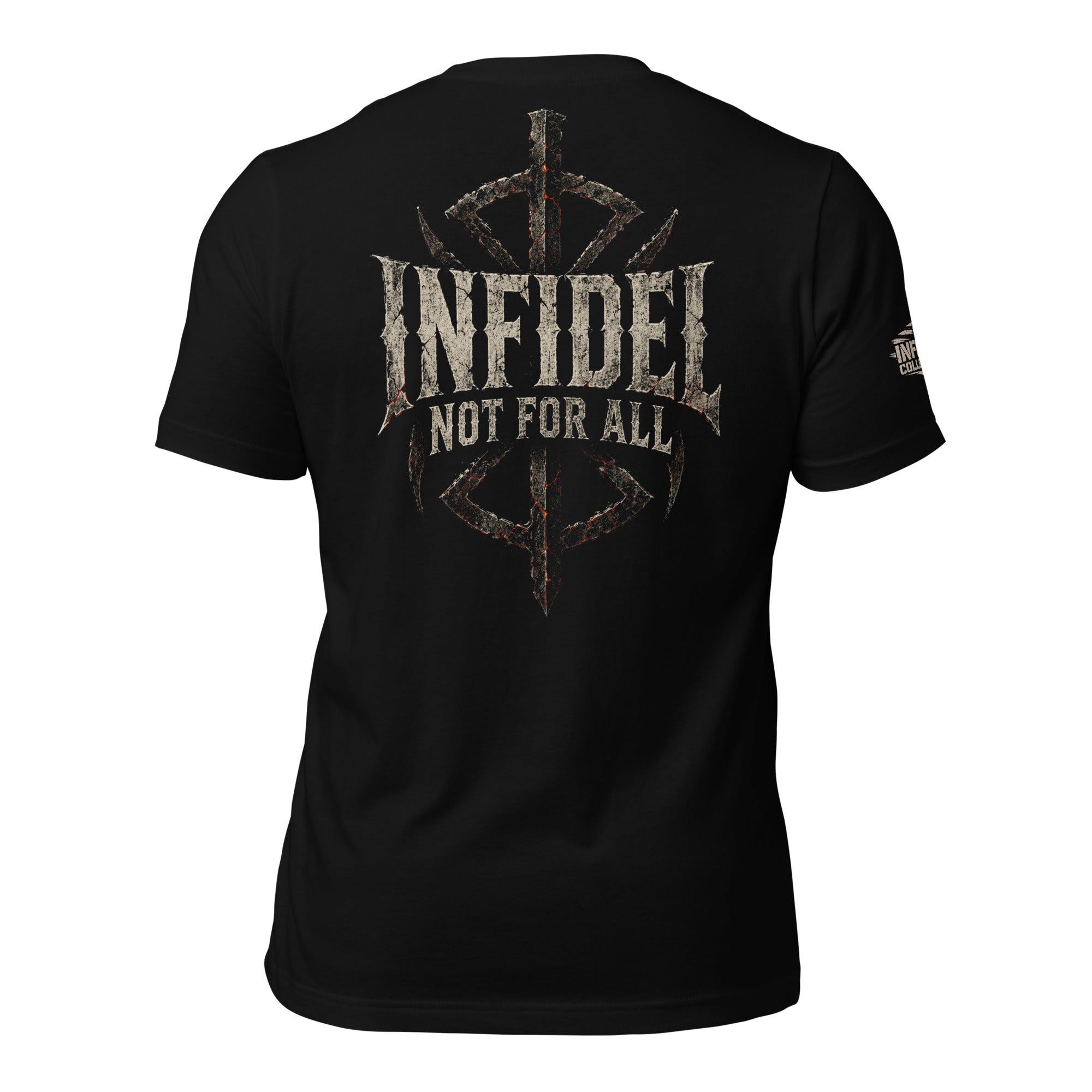 Black Infidel Collective tee with back print featuring INFIDEL text, distressed compass emblem, and Not For All graphic