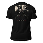 Black Infidel Collective tee with back print featuring shadowed hooded figure, INFIDEL text, and Not For All graphic
