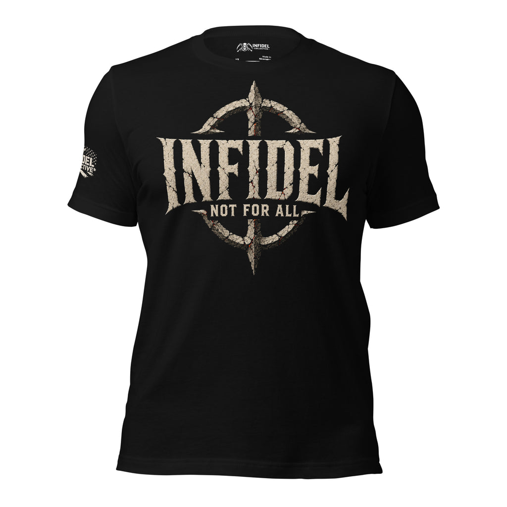 Black Infidel Collective tee with front print featuring INFIDEL text, distressed compass emblem, and Not For All graphic