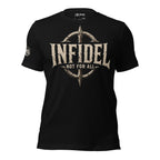 Black Infidel Collective tee with front print featuring INFIDEL text, distressed compass emblem, and Not For All graphic