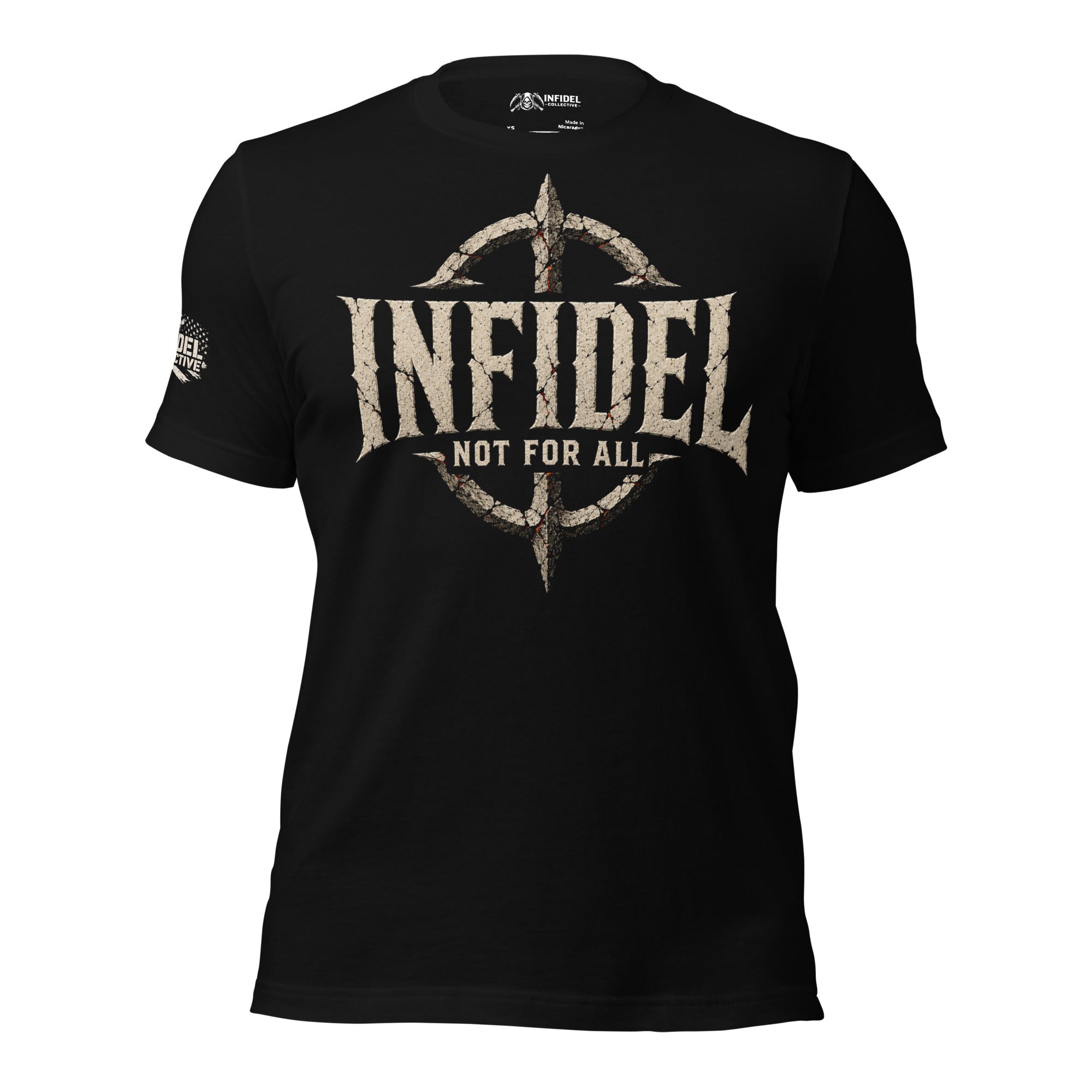 Black Infidel Collective tee with front print featuring INFIDEL text, distressed compass emblem, and Not For All graphic