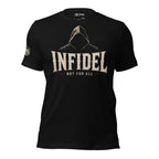 Black Infidel Collective tee with front print featuring shadowed hooded figure, INFIDEL text, and Not For All graphic