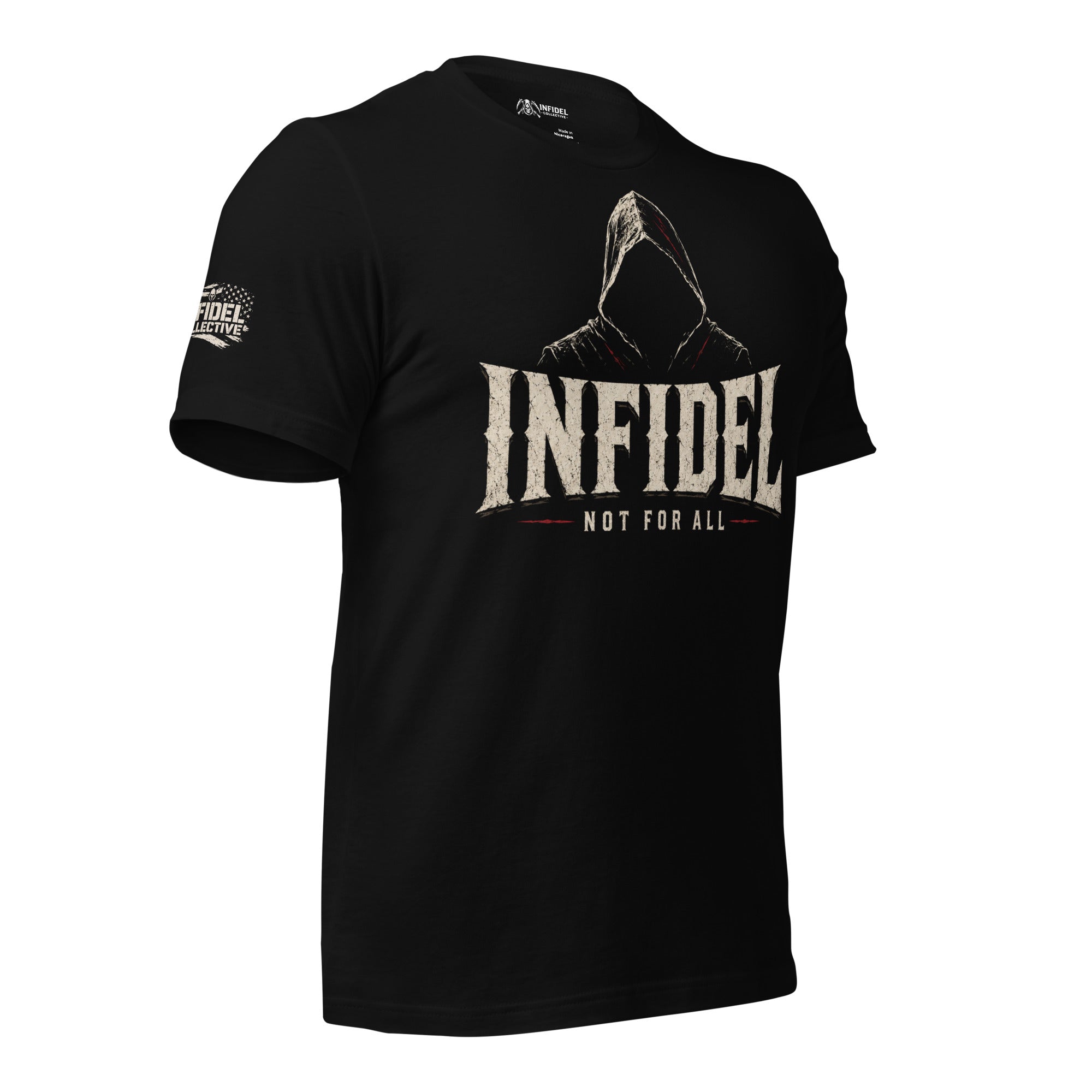 Black Infidel Collective tee with front print featuring shadowed hooded figure, INFIDEL text, and Not For All graphic